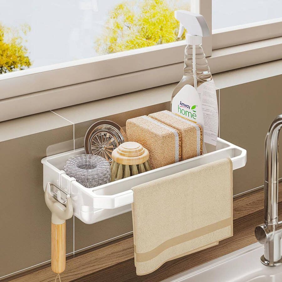 Spoelbakorganizer sponshouder keuken spoelbakorganizer hangend keukencaddy opslag met haak voor keuken badkamer spoeldoekhouder sponsborstel met afvoerpan (wit)