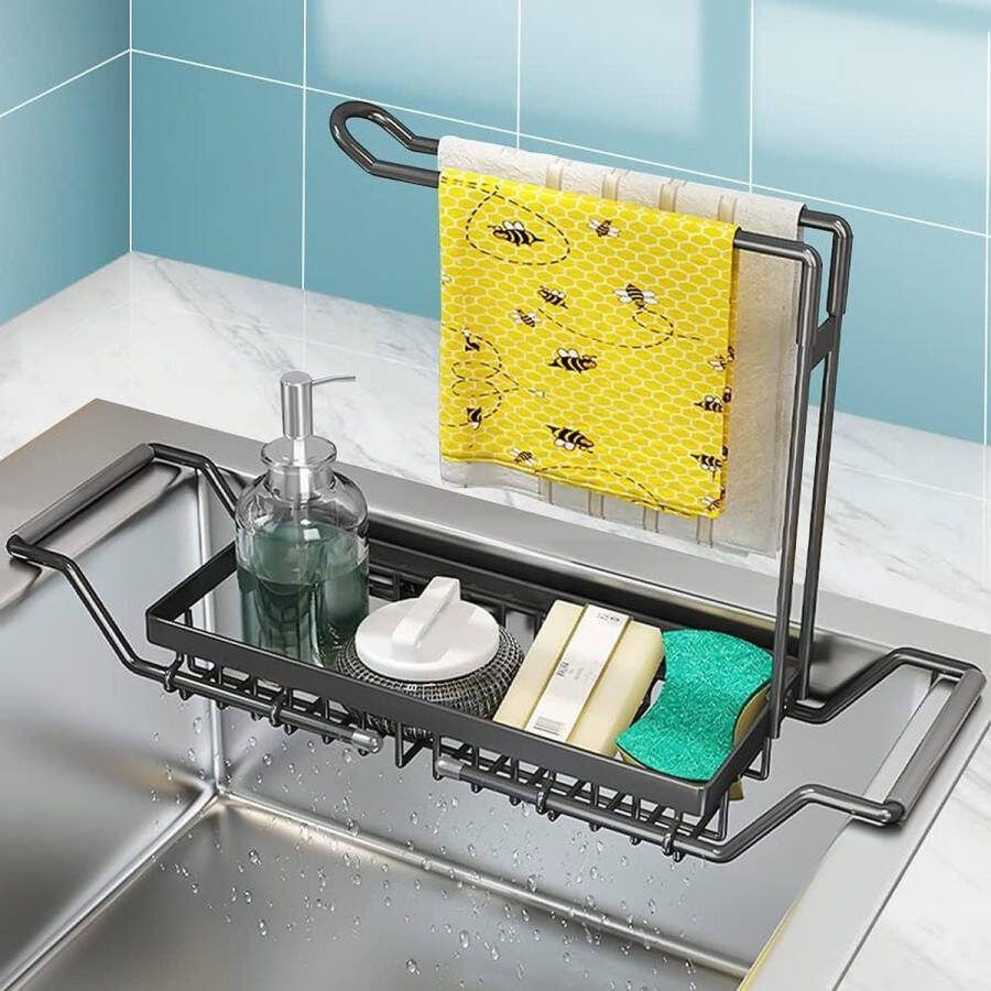 Spoelbakorganizer sponshouder roestvrij staal telescopisch wastafelorganizer spoelbakrek keuken afdruiprek theedoekenhouder verstelbaar 425-54 cm