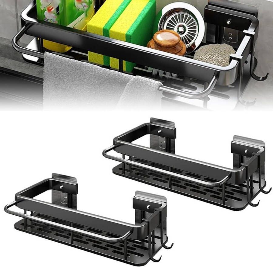 Spoelbakorganizer zwart smal sponshouder keuken roestvrij staal handdoekhouder zinkorganizer hangende muur badkamer