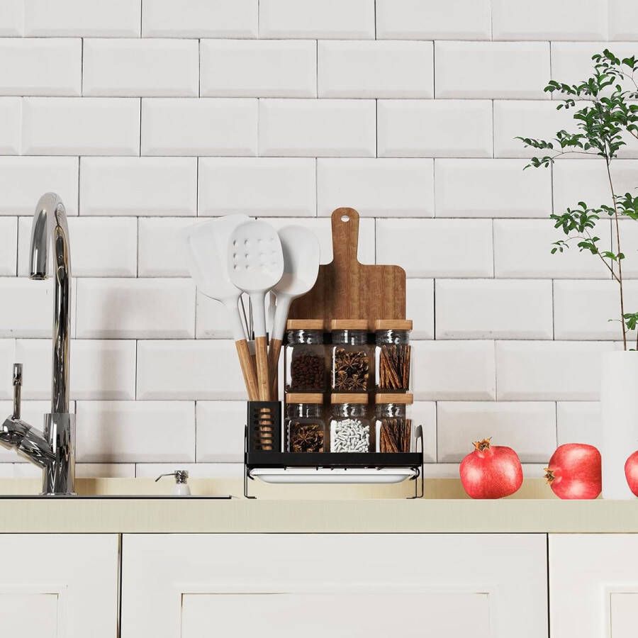 Spoelbakorganizer zwart spoelbak-caddy organizer keukenspoelbak gootsteenorganizer sponshouder met afvoerpan spoeldoekhouder vodhouder voor keuken en badkamer