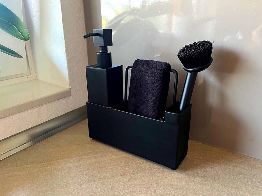 Spoelbakorganizer Zwart van Roestvrij Staal gootsteenorganizer keuken en badkamer zeepdispenser set met afwasborstel en vaatdoekje keukenorganizer