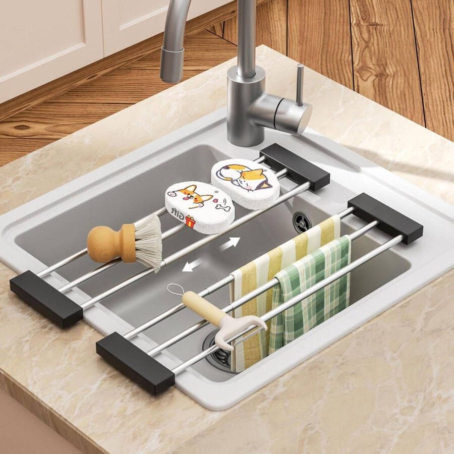 Spoeldoekhouder 2 stuks multifunctionele gootsteenorganizer roestvrij staal uitbreidbaar keukenafvoerrek spoelbak borstel spoelbakstoppen doeken grijs