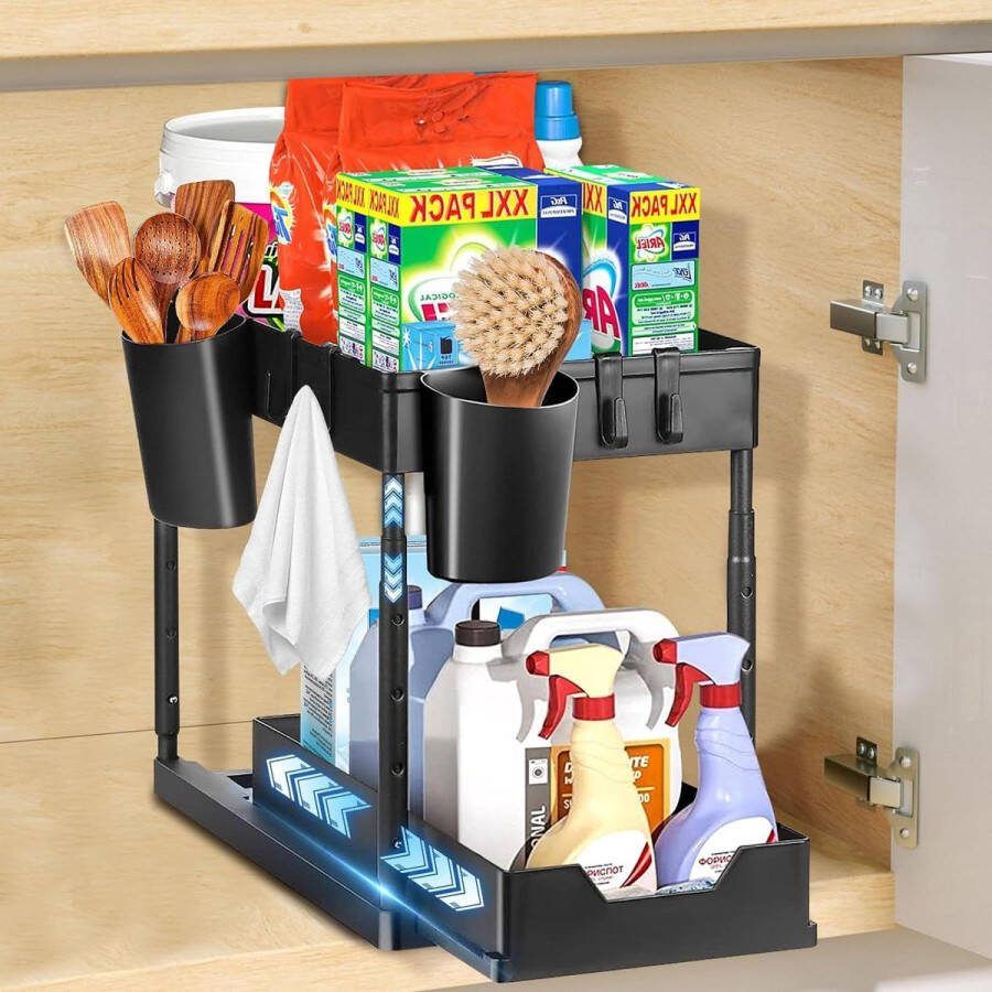 Spoelkastorganizer 2 etages keukenonderkast en wastafel 4 haken 2 hangbekers multifunctioneel keukenrek voor gootsteen badkamer en kast organizer opbergsysteem Gootsteenkast Organizer