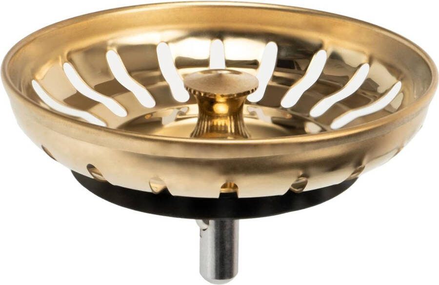 Spoelzeefje 1 stuk Ø 83 mm zeef in goud de excentrische pen steekt 25 mm diep in de afvoer Ø 7 8 mm pin reserveonderdeel voor keukenspoelbakken keukenafvoerzeef gootsteen