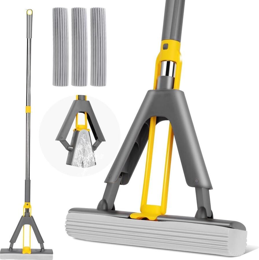 Spons dweilmop 123 cm vloerwisser met 3 herbruikbare PVA-sponskoppen absorberende mop met uitwringfunctie spons vloerwisser voor het reinigen van tegels laminaat hardhout marmeren vloer