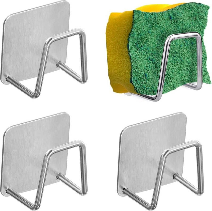 Sponshouder keuken sponshouder spoelbak keukengootsteenhouder sponshouder roestvrij staal 304 met 3M-lijm voor wastafel keuken badkamer (4 stuks)