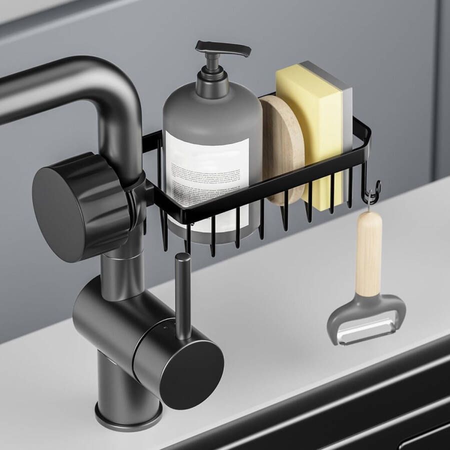 Sponshouder voor de keuken roestvrij staal spoelsponsstandaard lappenstandaard keukenkraan rek boven gootsteen wasrek afdruipbak voor hangend spoelsponzen zwart