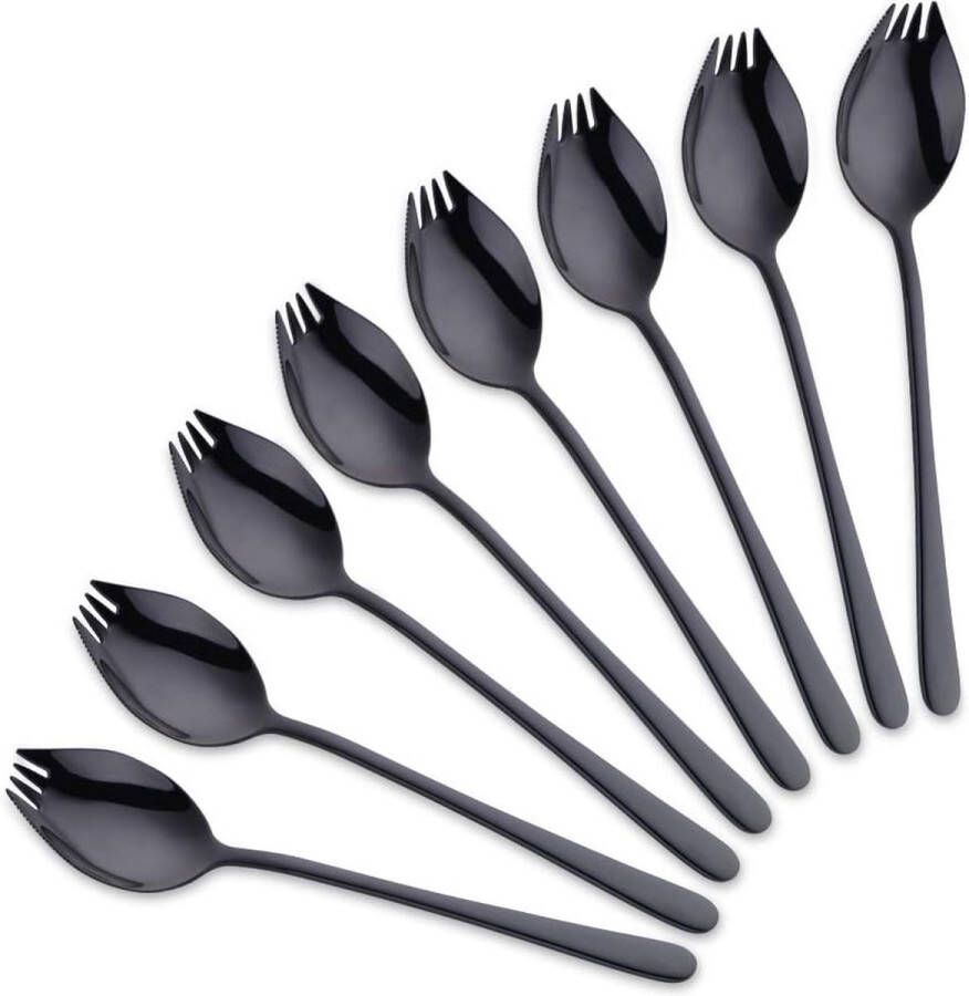 Spork lepel met gekartelde mes zwart roestvrij staal 8 stuks voor outdoor camping picknick 19 cm lang handvat salade vorken noedels lepel cake buffet vork lepel 2-in-1
