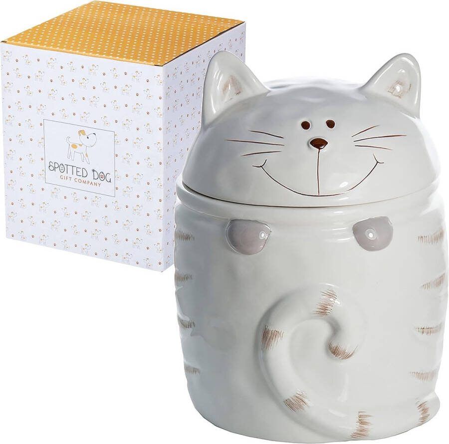 SPOTTED DOG GIFT COMPANY Keramische Koekjespot Groot Keuken Koektrommel Voedselopslagcontainer met Deksel Schattige Keukenaccessoires en Cadeaus voor Kattenliefhebbers Wit 1400ml