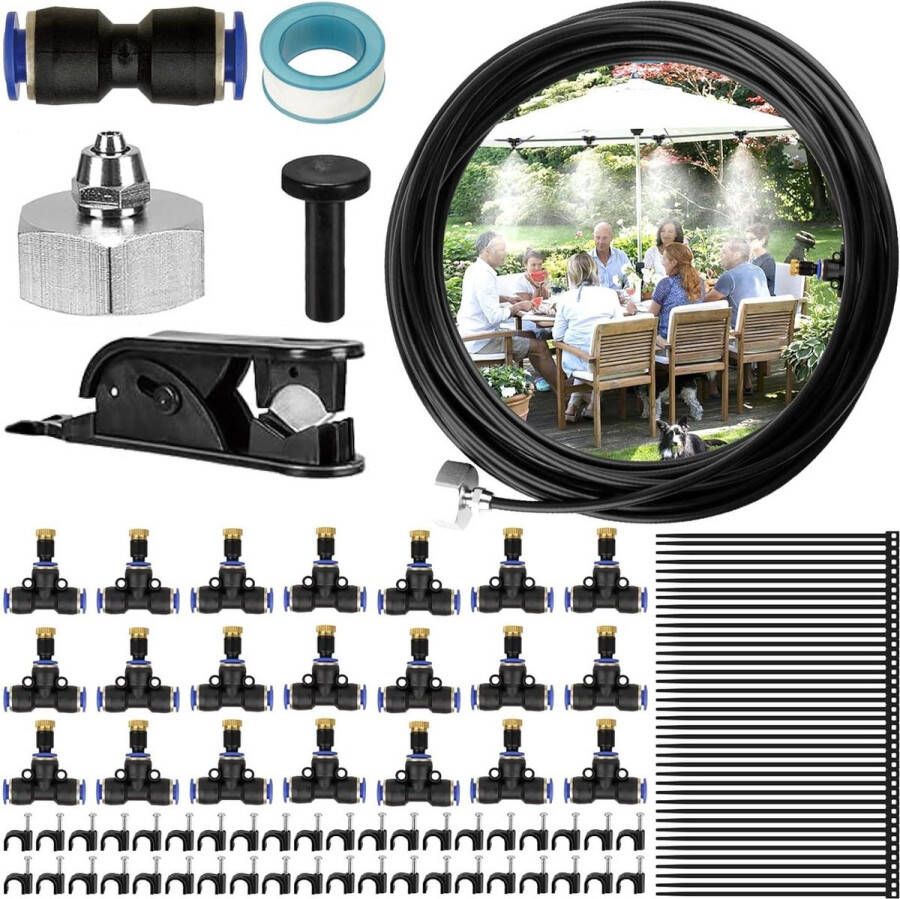 Spray Koelsysteem 20m doe-het-zelf waternevel nevelkoelsysteem 360° mist koeling met irrigatiesysteem voor tuin paviljoen trampoline