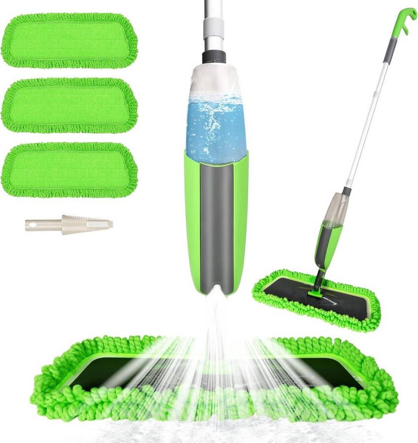 Spray mop vloermop met sproeifunctie voor snelle reiniging met sproeikop waterreservoir en 2 microvezelhoezen 300 ml Groen