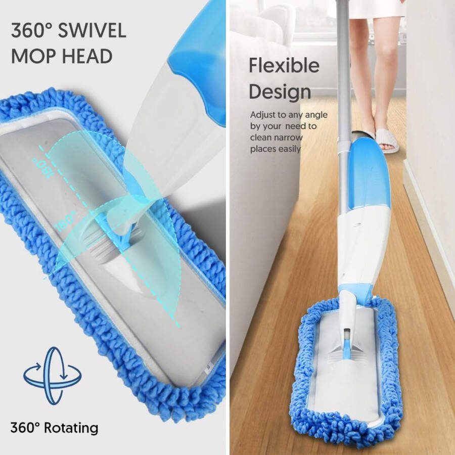 Spray Mop voor vloerreiniging microvezel vloerzwabber met spray stof mop met 3 herbruikbare mop pads & 635ML navulbare fles droge natte mop voor hardhout laminaat vinyl tegelvloeren blauw