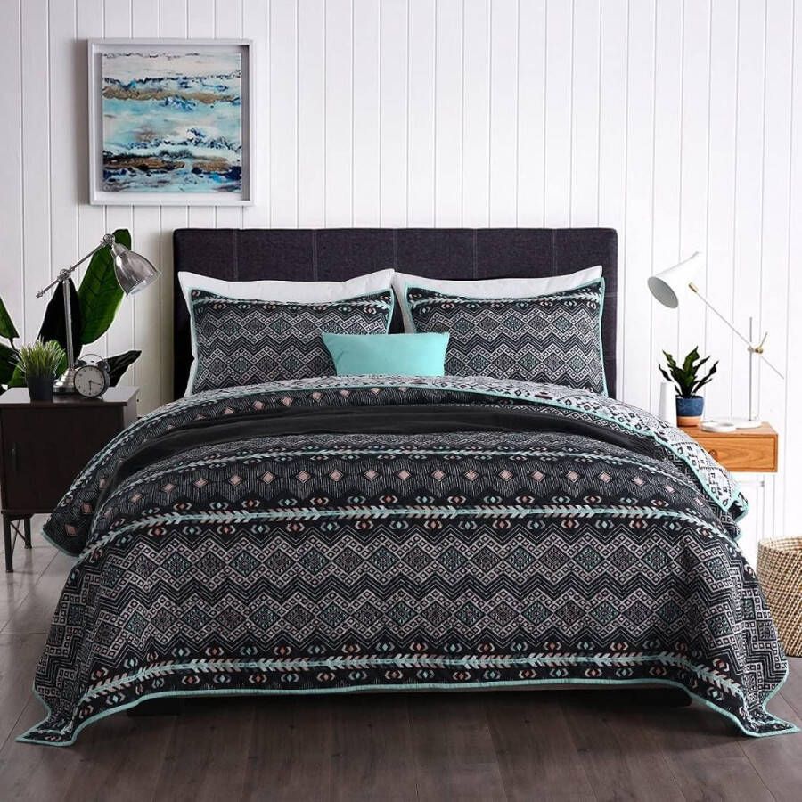 Sprei 220 x 240 cm zwart boho-stijl microvezel bedsprei deken voor slaapbank tweepersoonsbed het hele jaar door dekenset met 2 kussenslopen dubbelzijdig