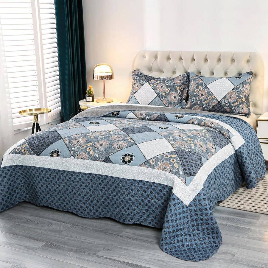 Sprei 240 x 260 cm voor bed patchwork microvezel bedsprei dun winterdekbed omkeerbaar ontwerp blauw met bloemmotief
