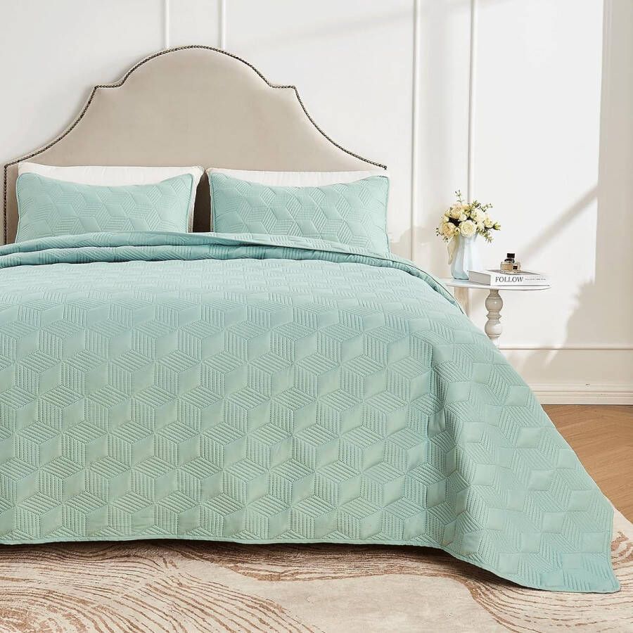 Sprei bedsprei 220 x 200 cm mintgroen beddengoed van microvezel quilt sprei licht dekbed ultrasoon genaaid met 2 kussenslopen diamantpatroon