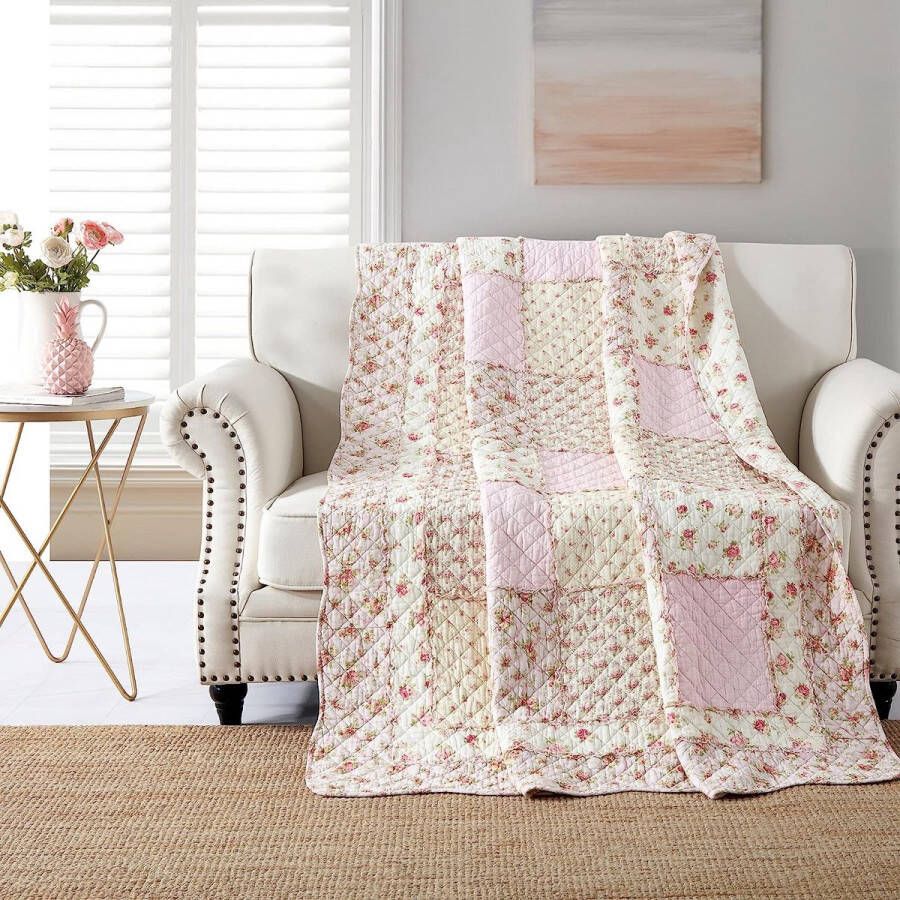 Sprei patchwork voor eenpersoonsbed 150 x 200 cm katoen patchwork-deken roze voor meisjes gewatteerde banksprei bedsprei 140 x 200 cm met bloemenpatroon