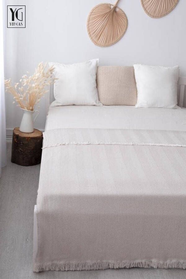 Sprei XL 150 x 200 cm grote woondeken bedsprei deken voor bank en bed allrounderdeken 85% katoen en 15% gerecycled polyester beige visgraat