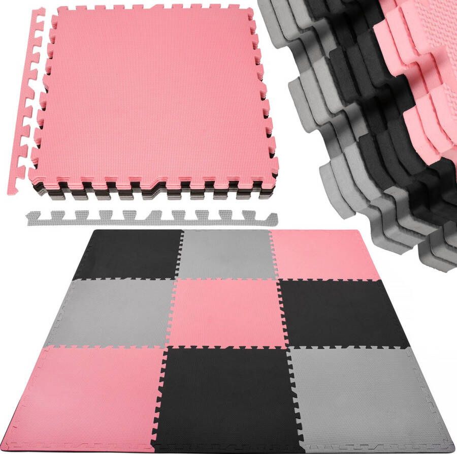 Springos Speelmat Foam Puzzelmat 9 puzzelstukken 179 X 179 cm Roze Grijs Zwart