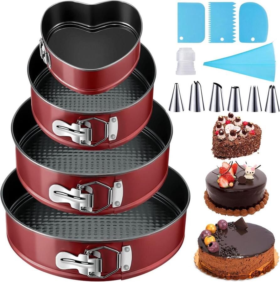 Springvorm cakevorm 12 18 22 26 cm rond bakvorm met anti-aanbaklaag lekvrije cakevorm van staal met spuitmonden siliconen muffinvorm rood
