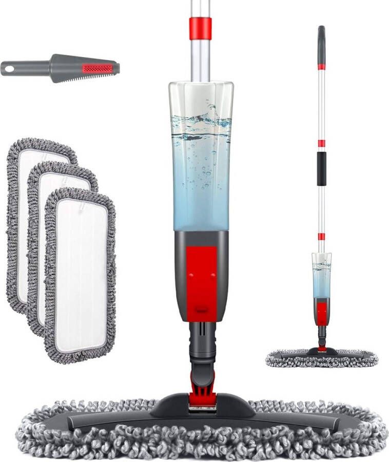 Sproeiwisser voor vloerreiniging 450 ml waterreservoir 3 wasbare microvezelovertrekken rood