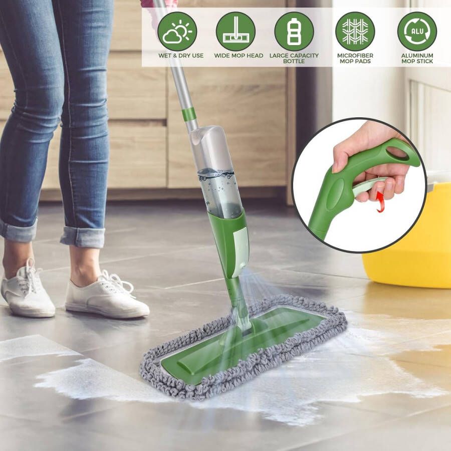 Spuitdweil microvezel platte vloerdweil met 5 herbruikbare pads en 550 ml waterfles natte stofdweil voor laminaat hout vinyl keramiek thuis keuken kantoor vloerreiniging groen stuur 1