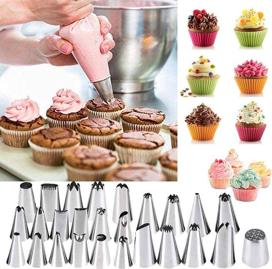 Spuitmonden Set 44 Stuks Roestvrijstalen Sproeiers Taartschrapers Wegwerp Spuitzakken Spuitmonden Torus Siliconen Spuitzakken Kleine Taarten Koekjes Taart Decoreren spuitzakken wegwerp