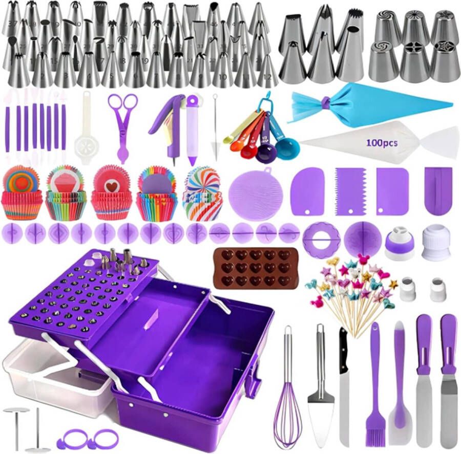 Spuitmonden set taarten accessoires bakaccessoires voor taarten set bakgerei bakset cake accessoires bakken 61 roestvrijstalen spuitmonden 100 spuitzakken drielaagse opbergdoos (364 stuks)