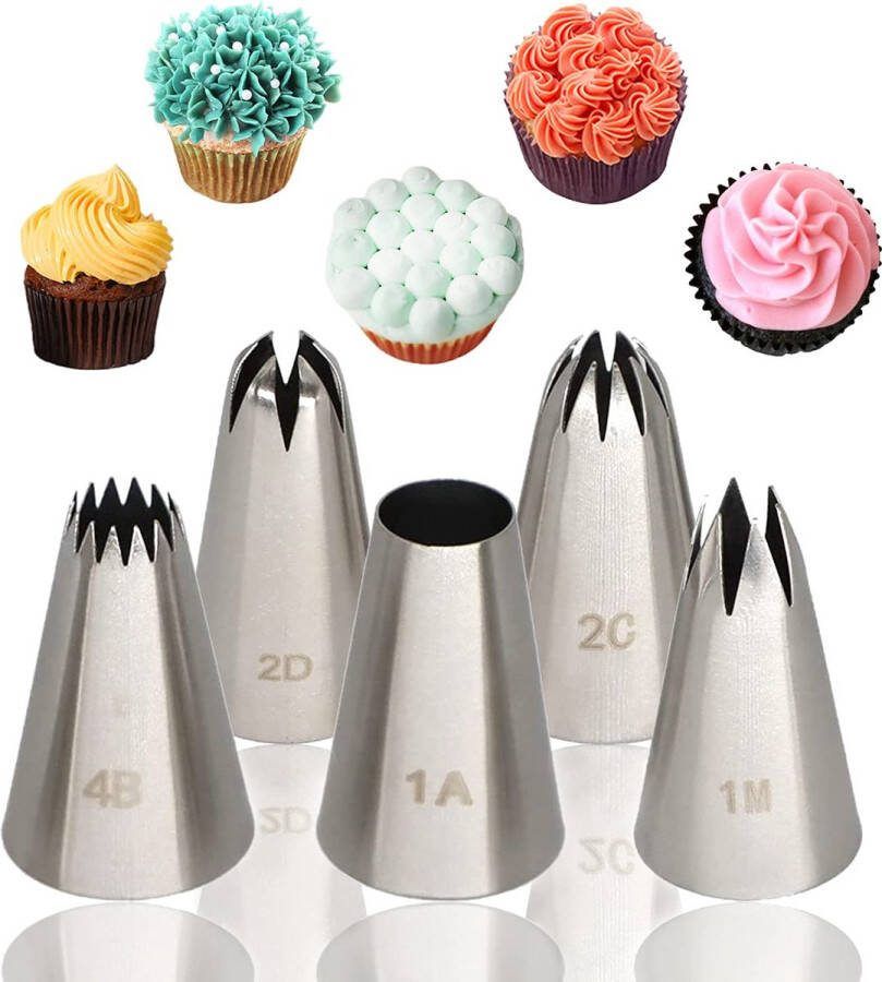 Spuitmondenset 5 stuks roestvrijstalen spuitmonden voor spuitzak slagroom spuitmond groot professioneel naadloos bloemen taarten decoratie gereedschap voor spuitzak room cupcake