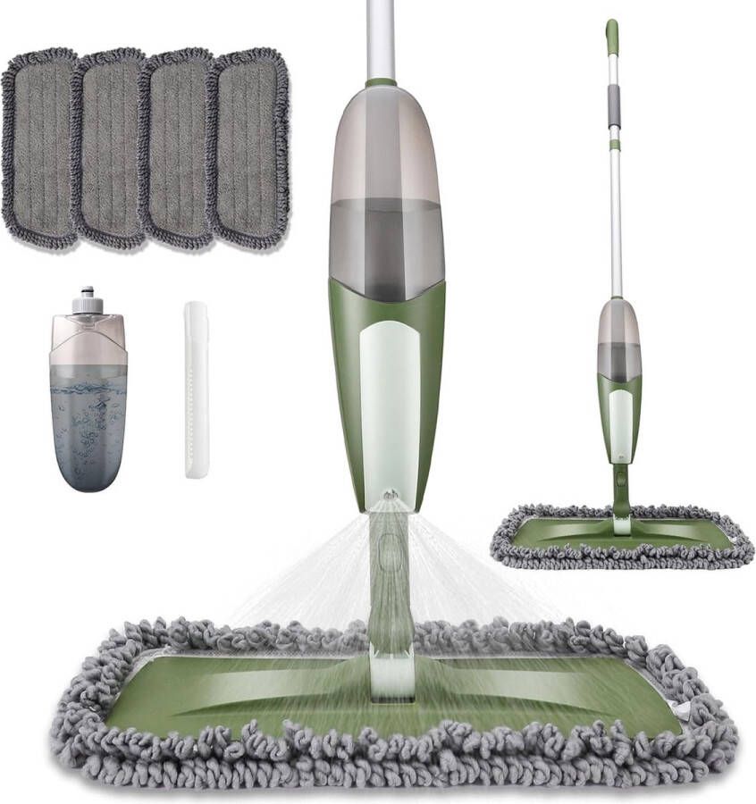 Spuitwisser 550 ml dweil met sproeifunctie 360 graden roterende vloerwisser met waterreservoir en 5 microvezelpads wisser voor snelle reiniging 1 schraper groen