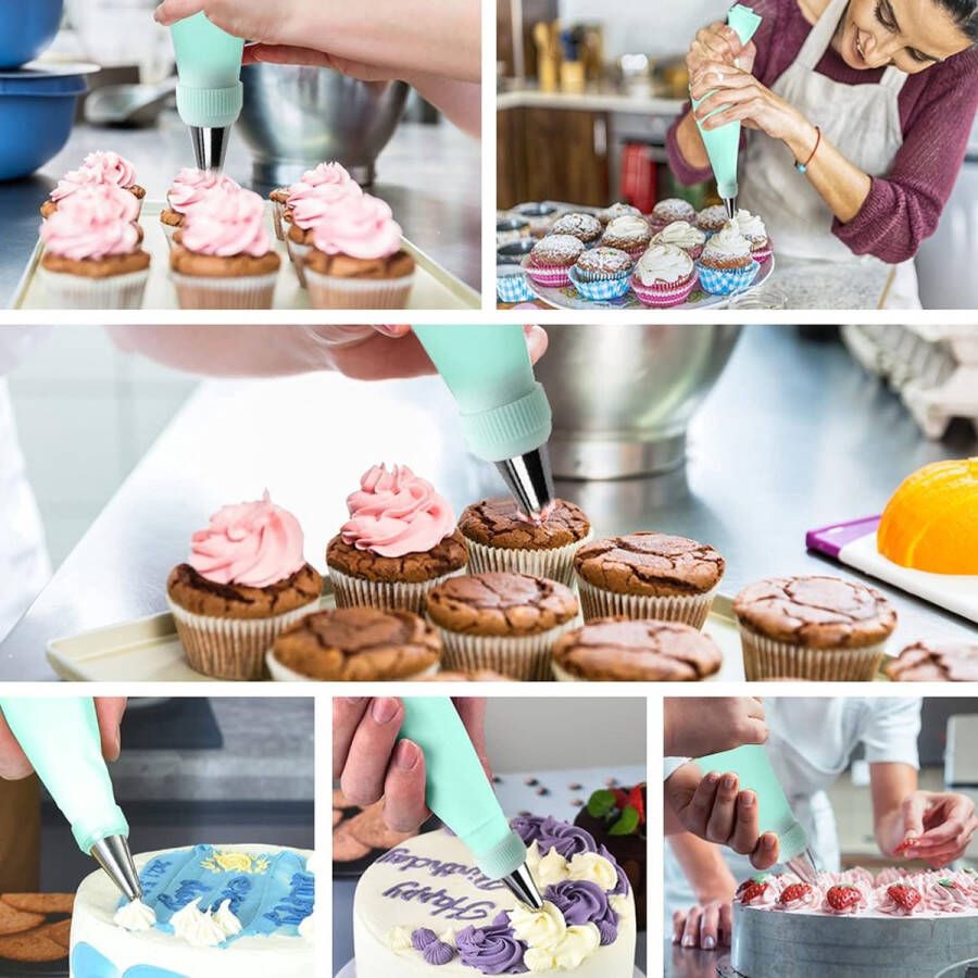 Spuitzak met spuitmonden 34-delige set roestvrij staal taarten accessoires met 24 spuitmonden siliconen ringen herbruikbare siliconen spuitzak voor cupcakes taarten decoreren cake