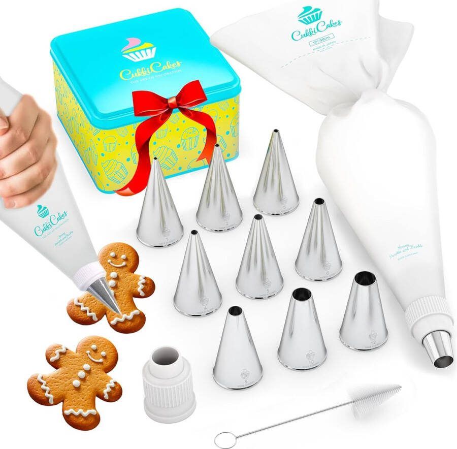 Spuitzak met spuitmonden professionele set (12 stuks) voor tekenen en decoreren op taarten en cupcakes: spuitzak herbruikbaar (30 cm) + 9 spuitmonden