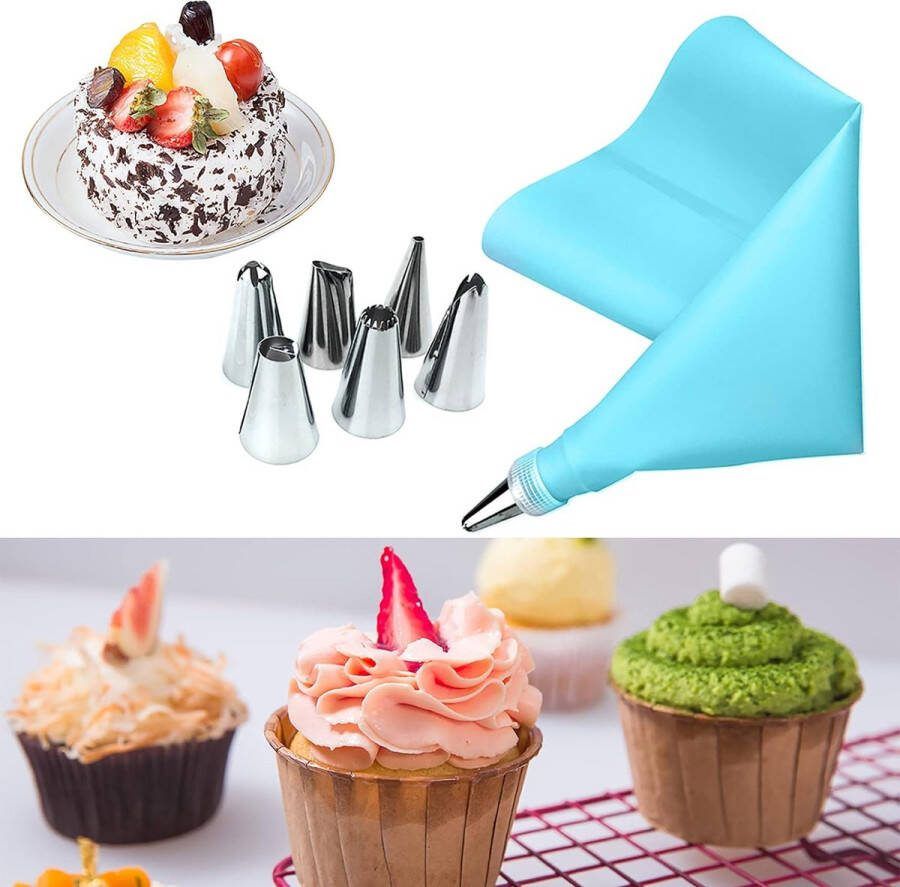 Spuitzak met spuitmondjes Herbruikbaar Garneerspuit 6 spuitmondjes Slagroomspuit taart decoratie decoratieset blauw