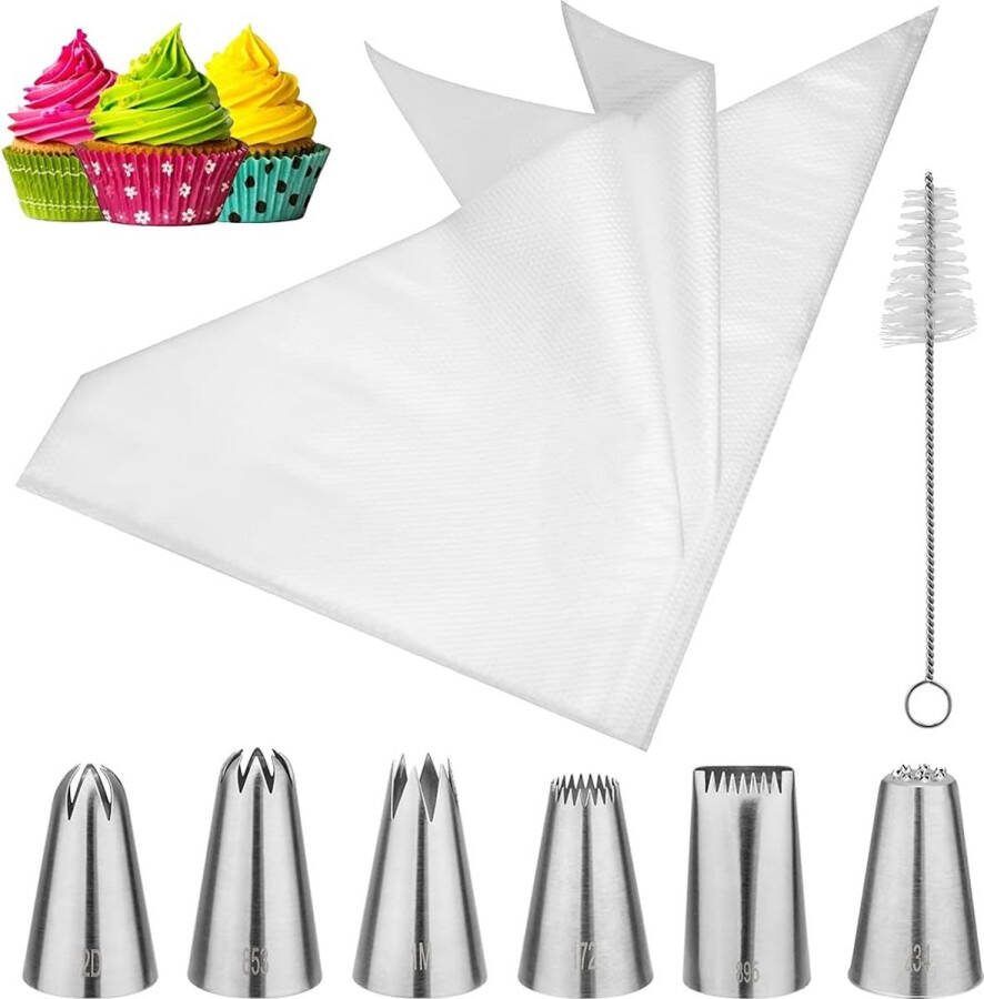 Spuitzakken 100 stuks grote wegwerpspuitzakken met 6 roestvrijstalen spuitmonden extra dik voor spuitmonden voor het versieren en bakken van fondant taarten en cupcakes (wit)