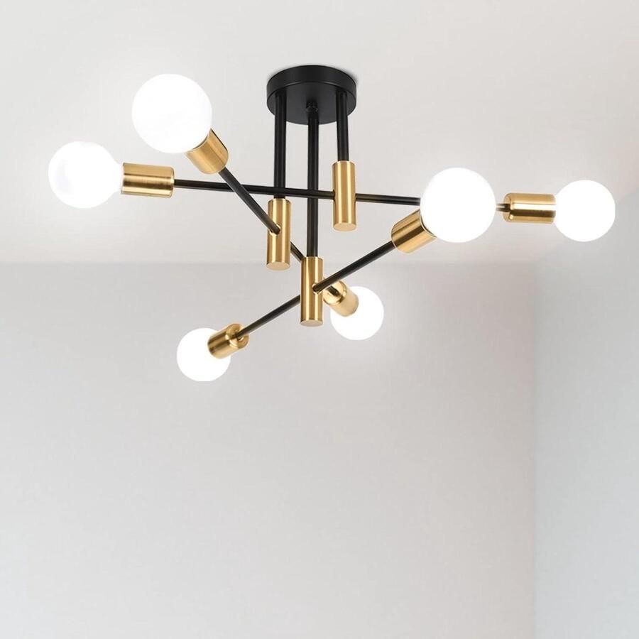 Hanglamp Kroonluchter vintage plafondlamp retro 6 lampen E27 zwart en goud woonkamer slaapkamer loft eetkamer