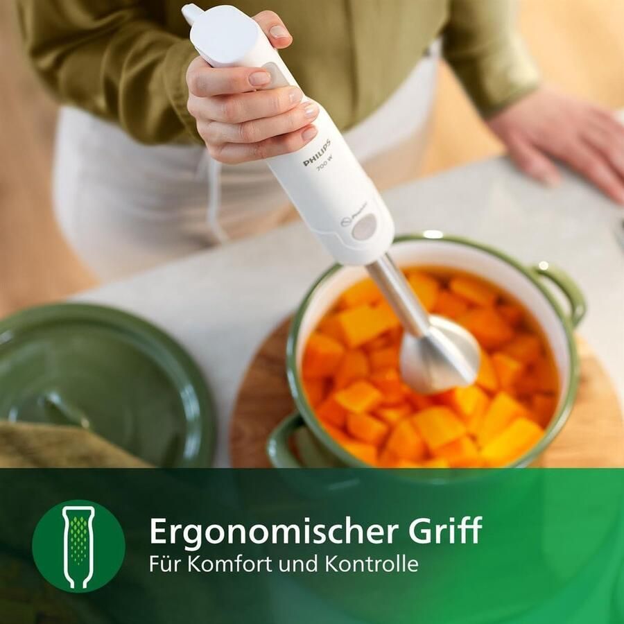 Staafmixer Philips Viva Collection ProMix-mengtechnologie 650 W Antispat mesbeschermer Snelle ontkoppeling met 1 knop Ergonomisch design Inclusief beker HR2534 00