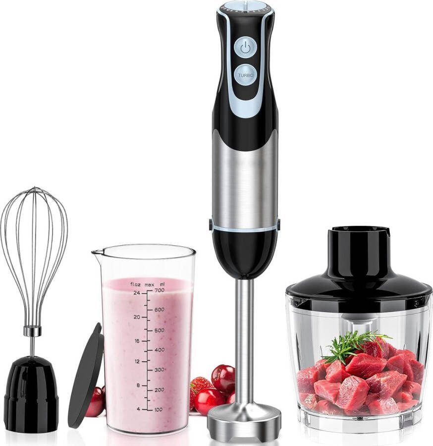 Staafmixer Set – 4-in-1 Staafmixerset Met 12 Snelheden en Turbofunctie – Hakmolen Inclusief Maatbeker Hakbeker en Mengopzetstuk – 1000W