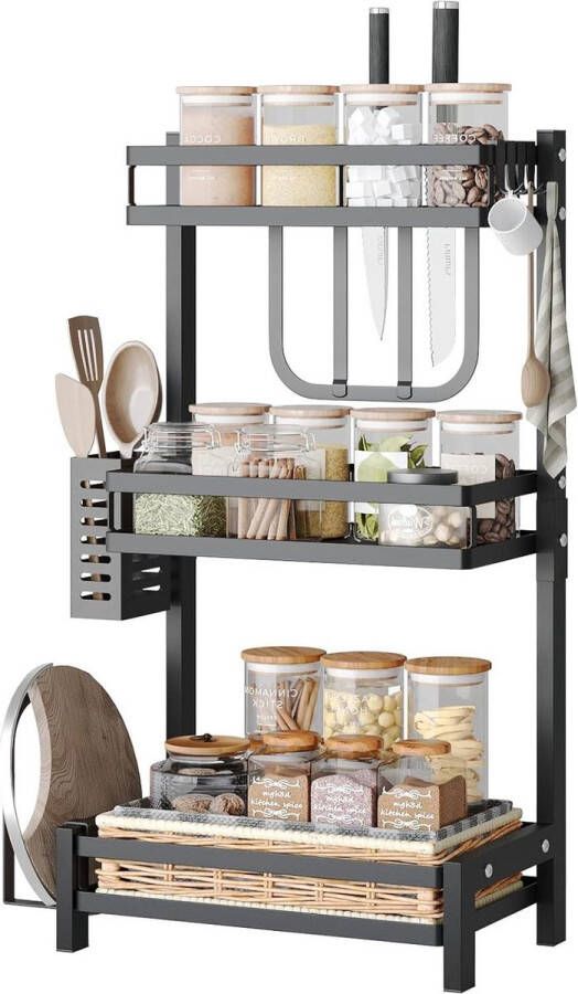Staand 3-laags roestvrij kruidenrek Multifunctioneel keukenorganizer voor werkblad Keukenopslag met haak en snijplankhouder zwart koffie rek