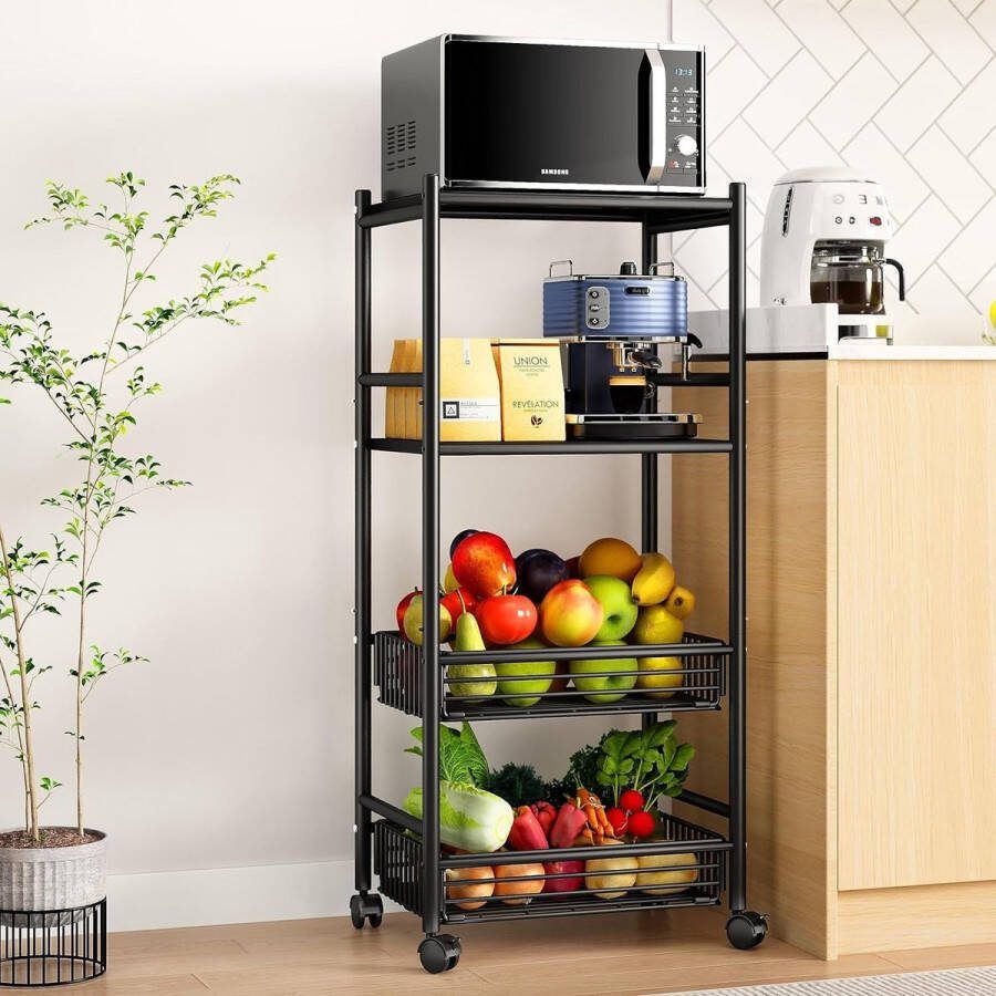 Staand rek 4 etages robuust metalen rek keukenrek opbergrek met wieltjes zware belasting keukenrek voor garage keuken kantoor boekenkamer badkamer hoek zwart