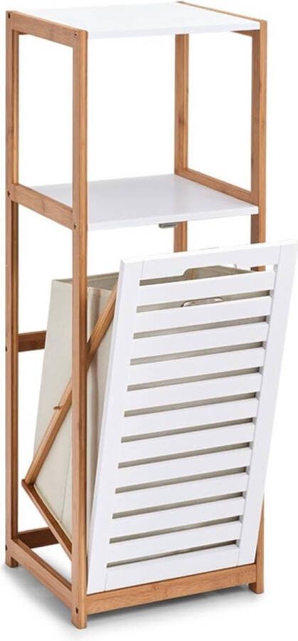 Staande plank met wasverzamelaar bamboe MDF wit ca. 36 x 33 x 98 cm badkamerkast badkamerplank wasruimte badkamerplank met wasverzamelaar