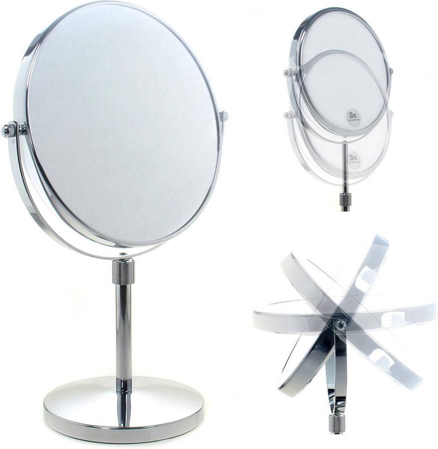 Staande spiegel in hoogte verstelbaar 5-voudige vergroting 8 inch make-upspiegel verchroomde scheerspiegel tafelspiegel badkamerspiegel dubbelzijdig: normaal + 5x zoom TKD3114-5x