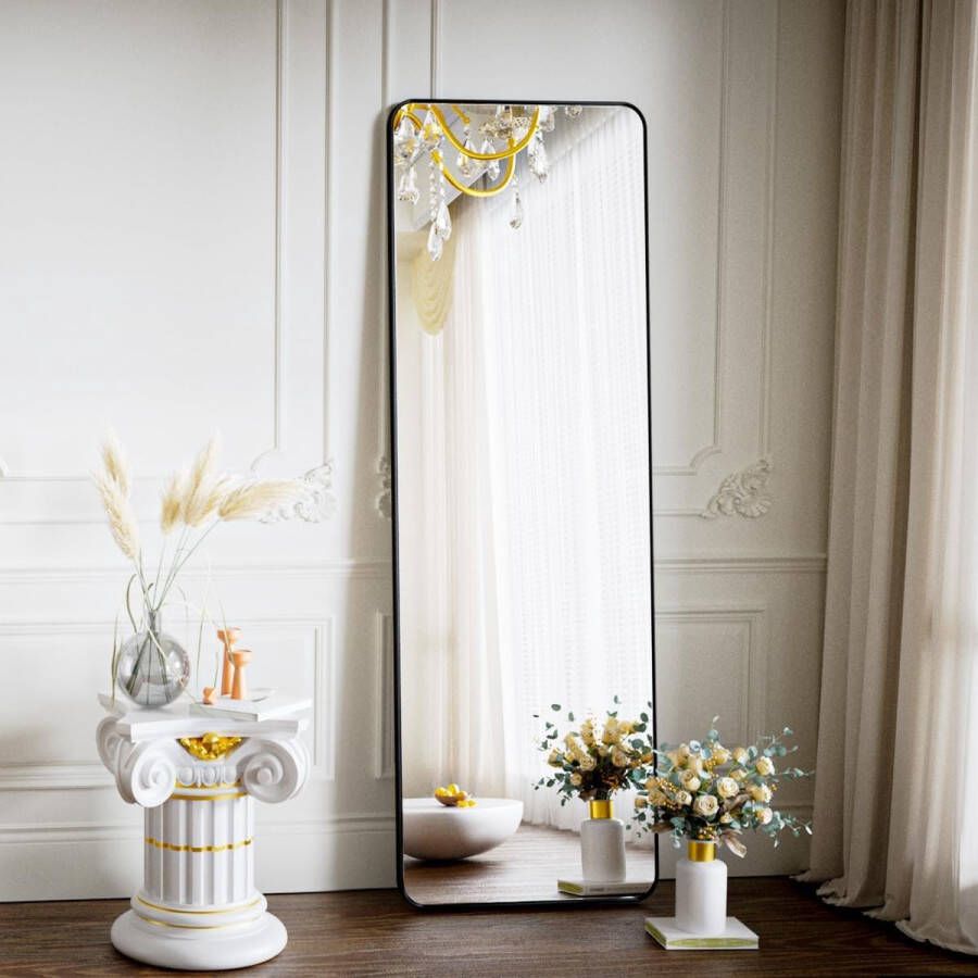 Staande spiegel met afgeronde hoeken 40 x 140 cm full-body spiegel met standaard grote vloer staande spiegel full-body spiegel wandhanger voor slaapkamer woonkamer zwart