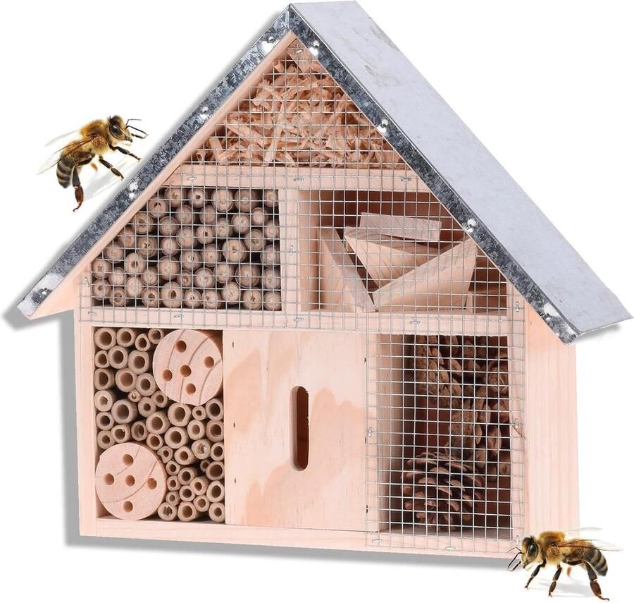 Stabiel houten insectenhotel met metalen dak 295 x 88 x 28 cm voor tuin en erf