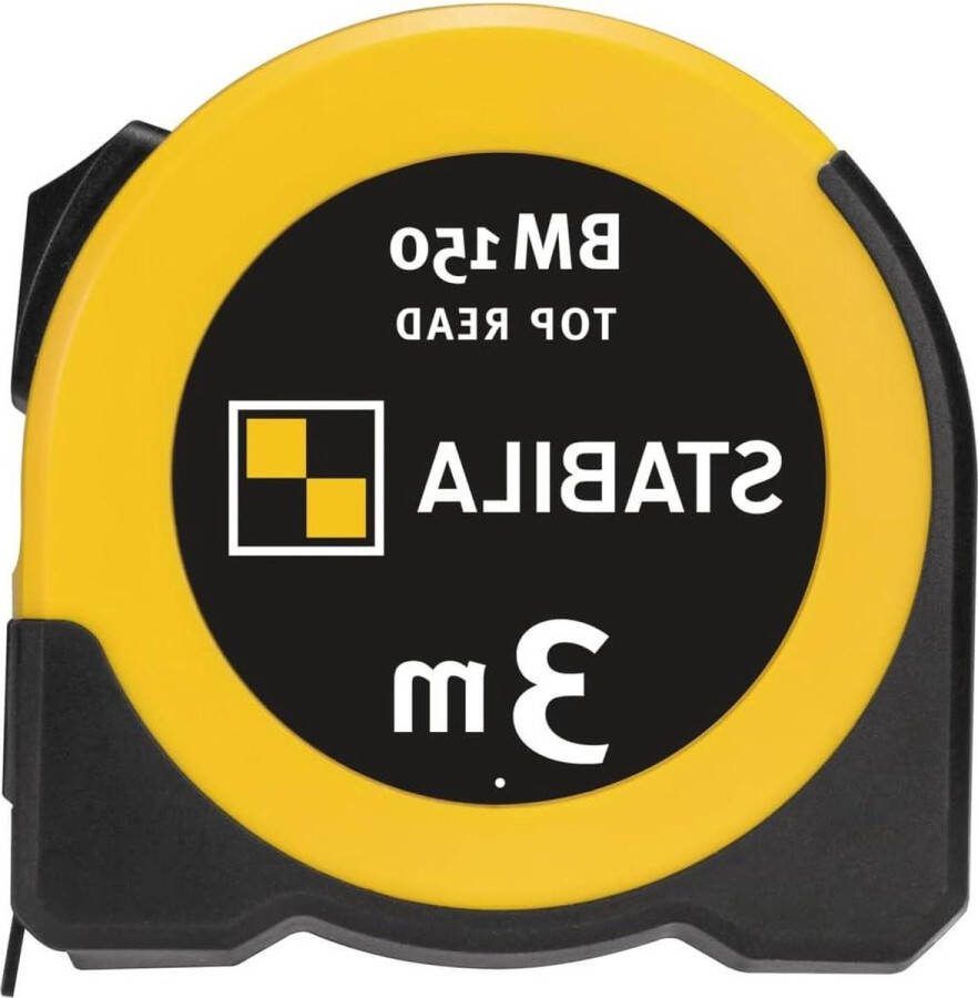 Stabila Zakbandmaat BM 150 3 m meetlint met metrische schaal kijkvenster voor directe aflezing onbreekbare ABS-behuizing beweegbare beginhaak riemclip MID-nauwkeurigheid geel Rolmaat