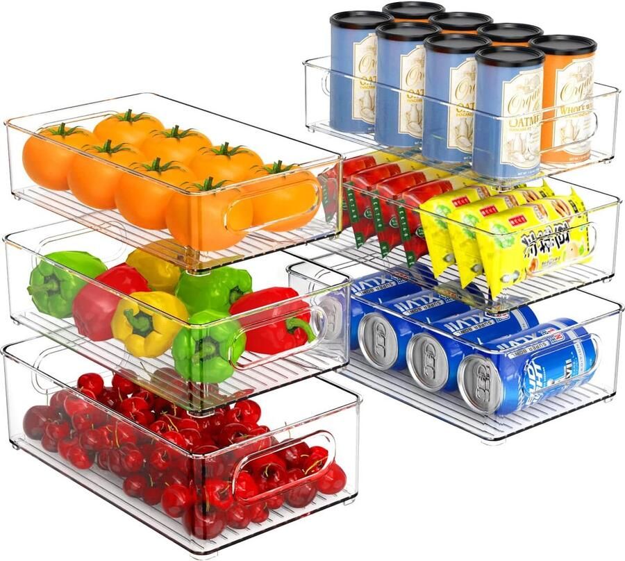 Stackable Fridge Organiser Set of 6 Kitchen Organiser Drawer Kitchen Storage & Organiser Fridge Organiser for Bathroom Pantry 3 Sizes BPA Free
