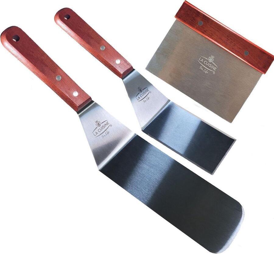 Stainless Steel Grill Spatula Set Heavy Duty Long Plancha Spatula Burger Smash Spatula Chopper Scraper with Solid Wood Handle Ideal for Grill Teppanyaki Kitchen