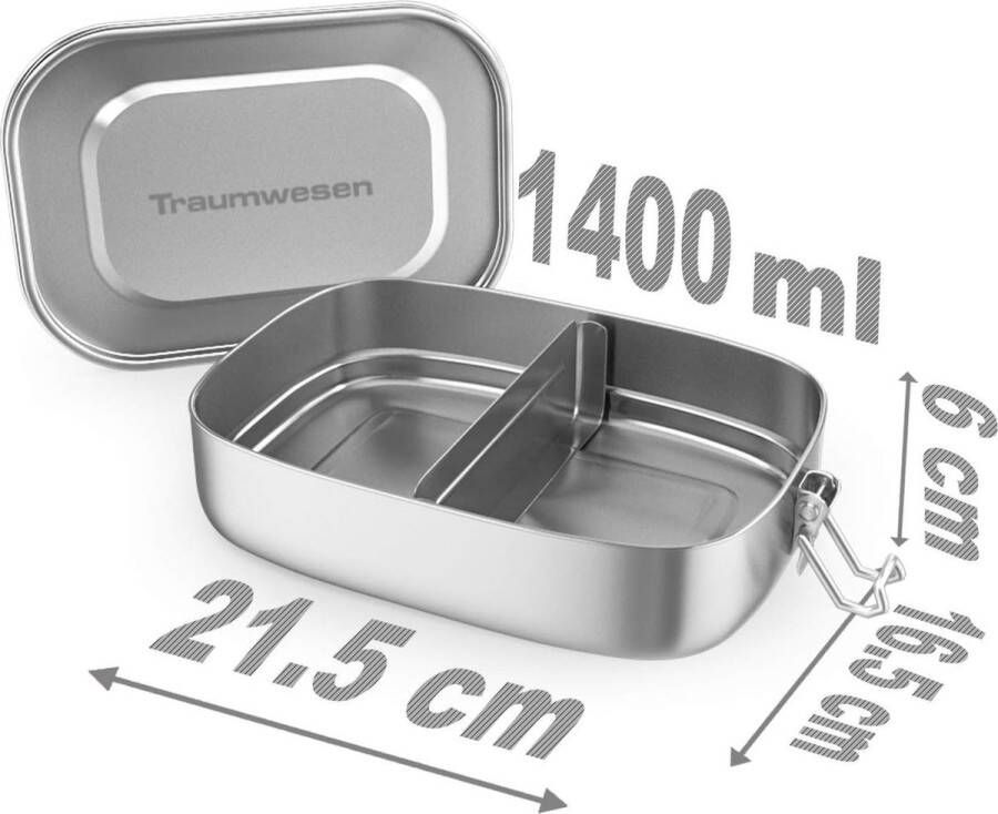 Stainless Steel Lunch Box 1400 ml with Sliding Divider Ideal for Children and Adults Traumwesen