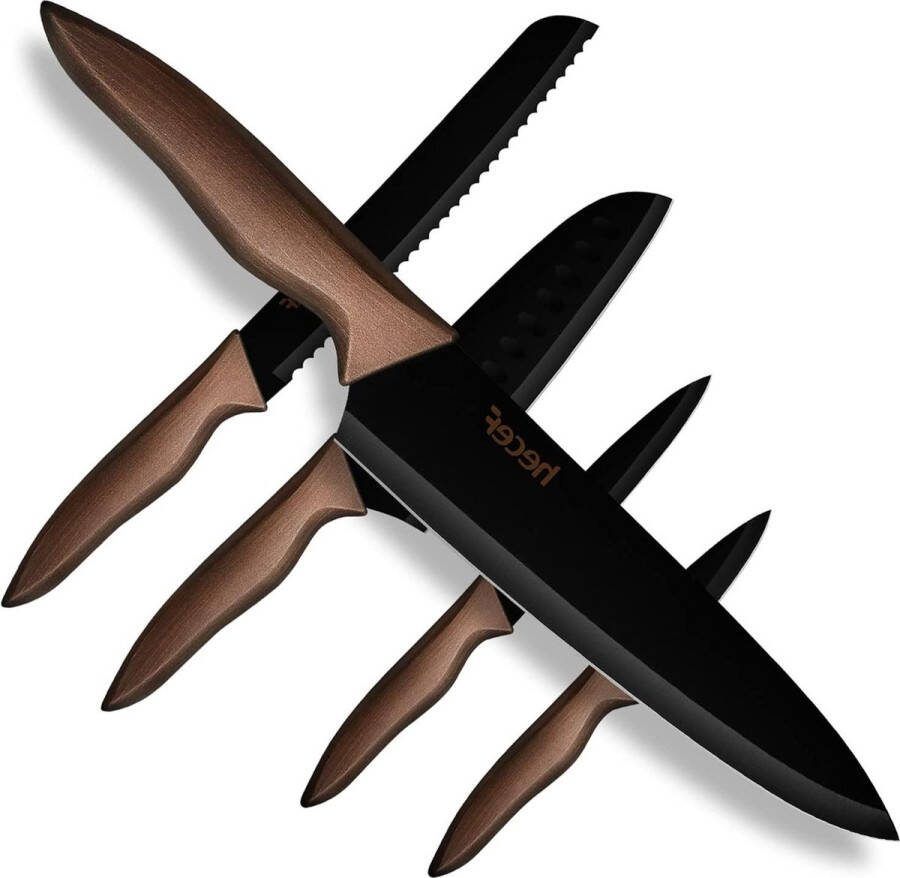 Stainless Steel Non Stick Black Colour Coating Blade Knives Set Includes 8'' Chef Knife 8'' Bread Knife 7'' Santoku Knife 5'' Utility Knife and 3.5'' Paring Knife