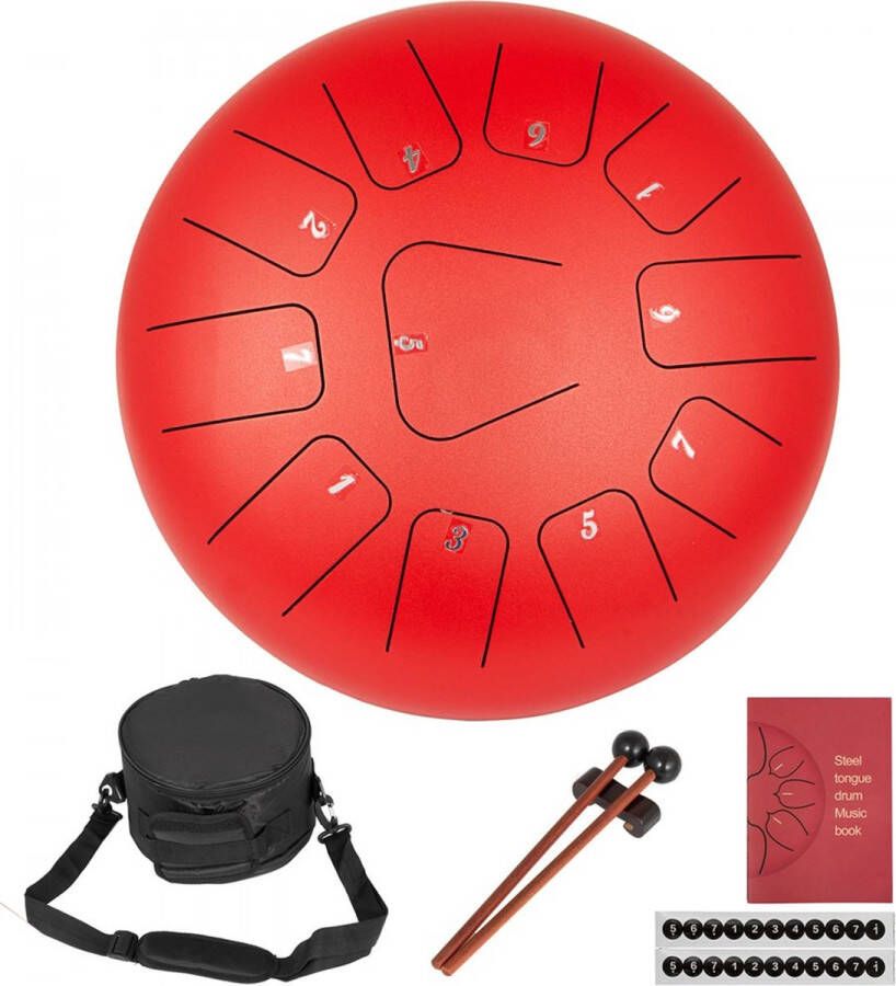 Stalen tongtrommel 11 noten 10 inch percussie rood met transporttas muziekboek hamer