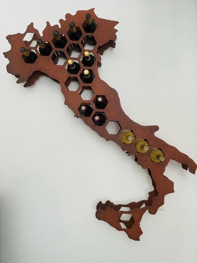 Stalen wijnrek Italië _ kleur corten look _ muurmontage _ 3 in 1 wijnrek _ kunst-functionaliteit-favoriete wijnland _ wijnrekken _ wijnrek hangend _ wijn rek _ wijnrek metaal _ wijnrek zwart _ wijnrek muur