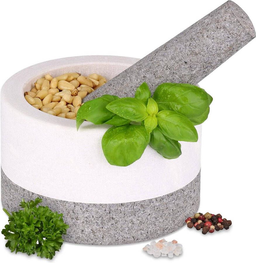 Stamper vijzel ongepolijst graniet 8x13 cm kruidenpletter mortier natuursteen wit-grijs